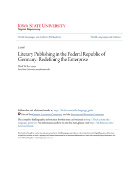 Literary Publishing in the Federal Republic of Germany: Redefining the Enterprise Mark W