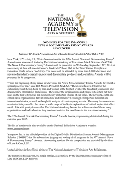 Nominations for the 37Th Annual News and Documentary Emmy® Awards Were Announced Today by the National Academy of Television Arts & Sciences (NATAS)