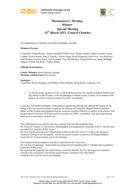 Miontuairiscí / Meeting Minutes Special Meeting 14 March 2011