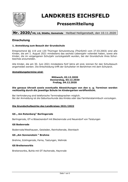 Landkreis Eichsfeld -Pressemitteilung Einschulung