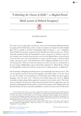 “Unhitching the Oxcart of Delhi”: a Mughal-Period Hindi Account of Political Insurgency∗