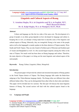 Linguistic and Cultural Aspects of Reang