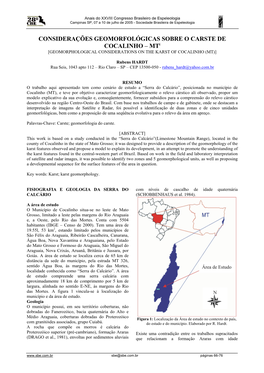 CONSIDERAÇÕES GEOMORFOLÓGICAS SOBRE O CARSTE DE COCALINHO – Mti [GEOMORPHOLOGICAL CONSIDERATIONS on the KARST of COCALINHO (MT)]