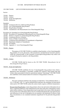 4101 105 CMR 720.000: LIST of INTERCHANGEABLE DRUG PRODUCTS Section 72