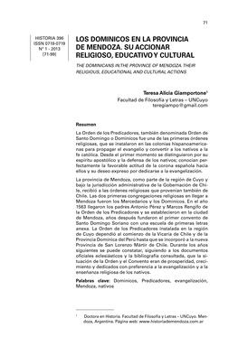 Los Dominicos En La Provincia De Mendoza. Su Accionar