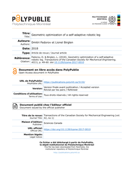 Geometric Optimization of a Self-Adaptive Robotic Leg Title: Auteurs: Dmitri Fedorov Et Lionel Birglen Authors: Date: 2018 Type: Article De Revue / Journal Article