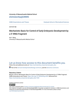 Mechanistic Basis for Control of Early Embryonic Development by a 5’ Trna Fragment