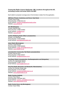 Community Radio Licence Applicants: AM, Locations Throughout the UK, Excluding London and Areas Within the M25