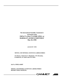 IMPACT of the CYANIDE SPILL at BARSKAUN, KYRGYZ REPUBLIC May 20, 1998