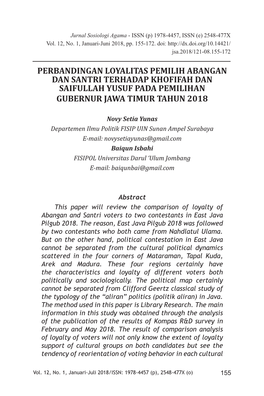 Perbandingan Loyalitas Pemilih Abangan Dan Santri Terhadap Khofifah Dan Saifullah Yusuf Pada Pemilihan Gubernur Jawa Timur Tahun 2018