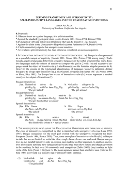 Split-Intransitive Languages and the Unaccusative Hypothesis