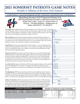 2021 SOMERSET PATRIOTS GAME NOTES Double-A Affiliate of the New York Yankees