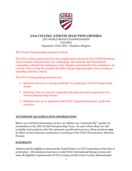 USA CYCLING ATHLETE SELECTION CRITERIA 2021 WORLD ROAD CHAMPIONSHIPS U23 MEN September 18-26, 2021 – Flanders, Belgium