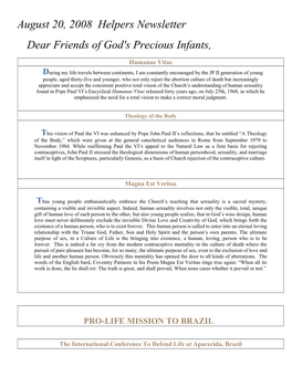 August 20, 2008 Helpers Newsletter Dear Friends of God's Precious