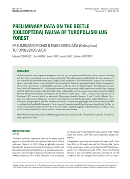 Preliminary Data on the Beetle (Coleoptera) Fauna of Turopoljski Lug