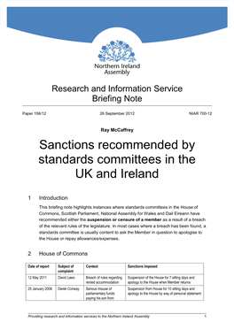 Sanctions Recommended by Standards Committees in the UK and Ireland