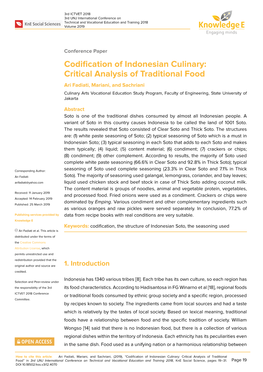 Codification of Indonesian Culinary: Critical Analysis of Traditional Food