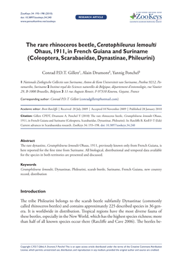 The Rare Rhinoceros Beetle, Ceratophileurus Lemoulti Ohaus, 1911, in French Guiana and Suriname (Coleoptera, Scarabaeidae, Dynastinae, Phileurini)