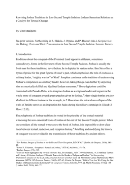 Rewriting Joshua Traditions in Late Second Temple Judaism: Judean-Samaritan Relations As a Catalyst for Textual Changes by Ville