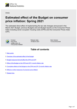 Estimated Effect of the Budget on Consumer Price Inflation: Spring 2021