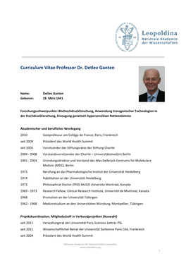 Curriculum Vitae Professor Dr. Detlev Ganten