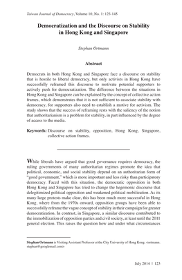 Democratization and the Discourse on Stability in Hong Kong and Singapore
