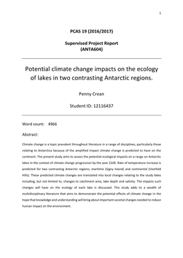 Potential Climate Change Impacts on the Ecology of Lakes in Two Contrasting Antarctic Regions