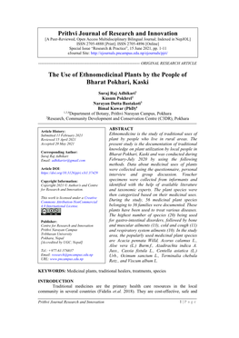 The Use of Ethnomedicinal Plants by the People of Bharat Pokhari, Kaski