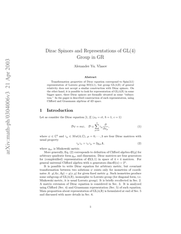 Dirac Spinors and Representations of GL (4) Group in GR
