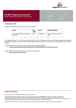 US SEC Filing Announcement for the Vanguard® Exchange Traded Funds