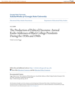 THE PRODUCTION of POLITICAL DISCOURSE: ANNUAL RADIO ADDRESSES of BLACK COLLEGE PRESIDENTS DURING the 1930S and 1940S, by VICKIE L