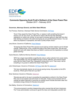 Comments Opposing Scott Pruitt's Rollback of the Clean Power Plan