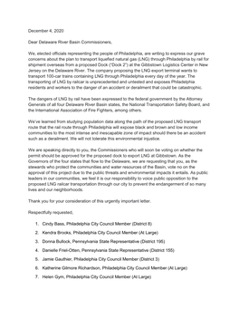 December 4, 2020 Dear Delaware River Basin Commissioners, We