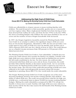 Addressing the High Cost of Child Care: House Bill 2716, Making the Working Family Child Care Credit Refundable by Charles Sheketoff and John Lewis