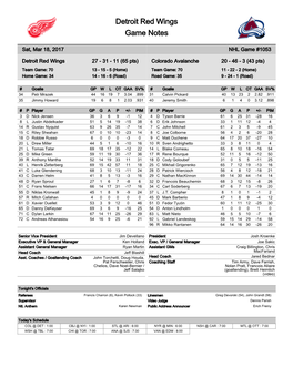 Detroit Red Wings Game Notes