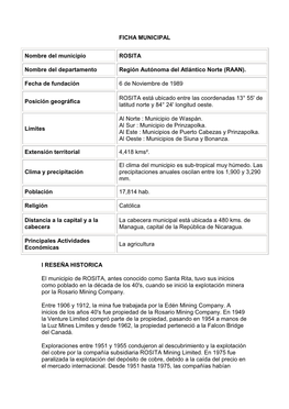 FICHA MUNICIPAL Nombre Del Municipio ROSITA Nombre Del Departamento Región Autónoma Del Atlántico Norte (RAAN). Fecha De Fund