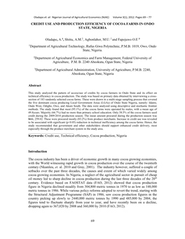 Credit Use and Production Efficiency of Cocoa Farms in Ondo State, Nigeria