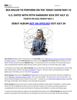 Bea Miller to Perform on the Today Show May 12 Us Dates with Fifth