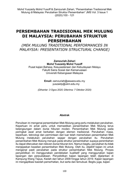 Persembahan Tradisional Mek Mulung Di Malaysia: Perubahan Struktur Persembahan” JMS Vol