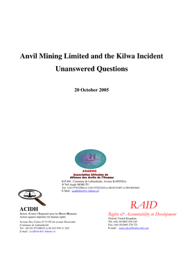 Anvil Mining Limited and the Kilwa Incident Unanswered Questions