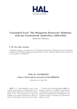 The Hungarian Democrats' Relations with the Czechoslovak Authorities