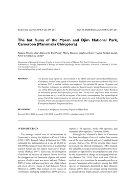 The Bat Fauna of the Mpem and Djim National Park, Cameroon (Mammalia Chiroptera)