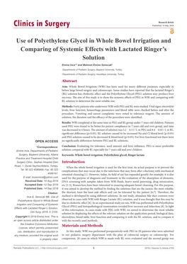 Use of Polyethylene Glycol in Whole Bowel Irrigation and Comparing of Systemic Effects with Lactated Ringer’S Solution