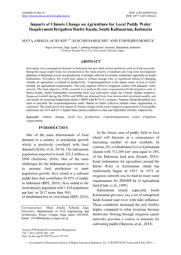 Impacts of Climate Change on Agriculture for Local Paddy Water Requirement Irrigation Barito Kuala, South Kalimantan, Indonesia