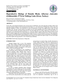 Reproductive Biology of Danube Bleak, Alburnus Chalcoides (Güldenstädt, 1772) in Tödürge Lake (Sivas, Turkey)