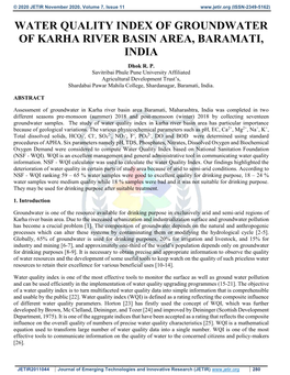 WATER QUALITY INDEX of GROUNDWATER of KARHA RIVER BASIN AREA, BARAMATI, INDIA Dhok R