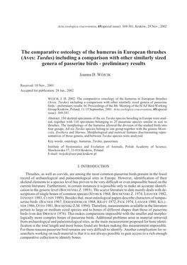 The Comparative Osteology of the Humerus in European Thrushes