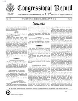 Congressional Record United States Th of America PROCEEDINGS and DEBATES of the 112 CONGRESS, SECOND SESSION