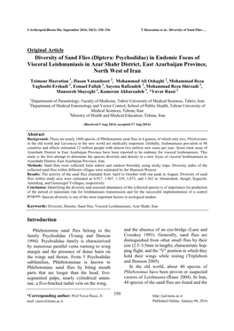 Diversity of Sand Flies (Diptera: Psychodidae) in Endemic Focus of Visceral Leishmaniasis in Azar Shahr District, East Azarbaijan Province, North West of Iran