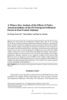 A Witness Tree Analysis of the Effects of Native American Indians on the Pre-European Settlement Forests in East-Central Alabama